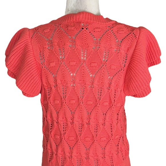 Marc New York Coral Pointelle Knit Ruffle Sleeve Button Cardigan in Cayenne M - Picture 6 of 10